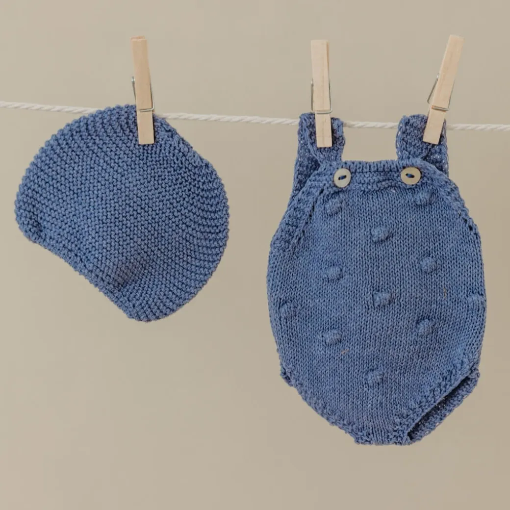 Blue Knit Doll Romper and Bonnet Set - 12"
