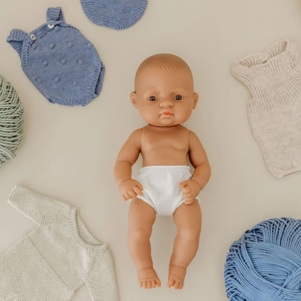 Blue Knit Doll Romper and Bonnet Set - 12"