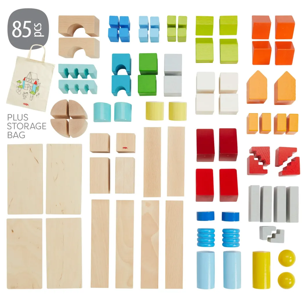 Colored Wooden Building Blocks - 85 Piece Set
