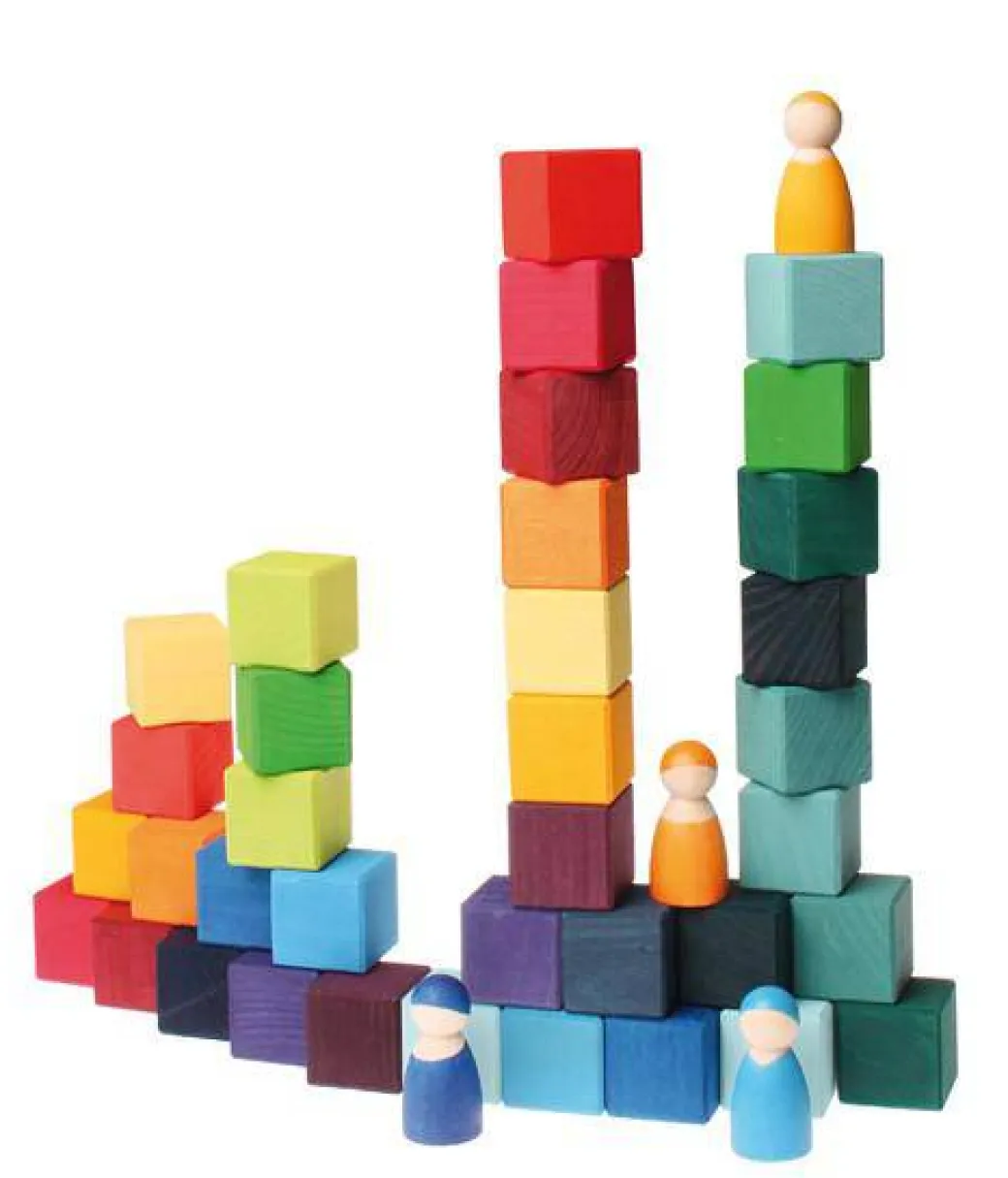 Rainbow Wooden Cubes - 36 Blocks with Tray