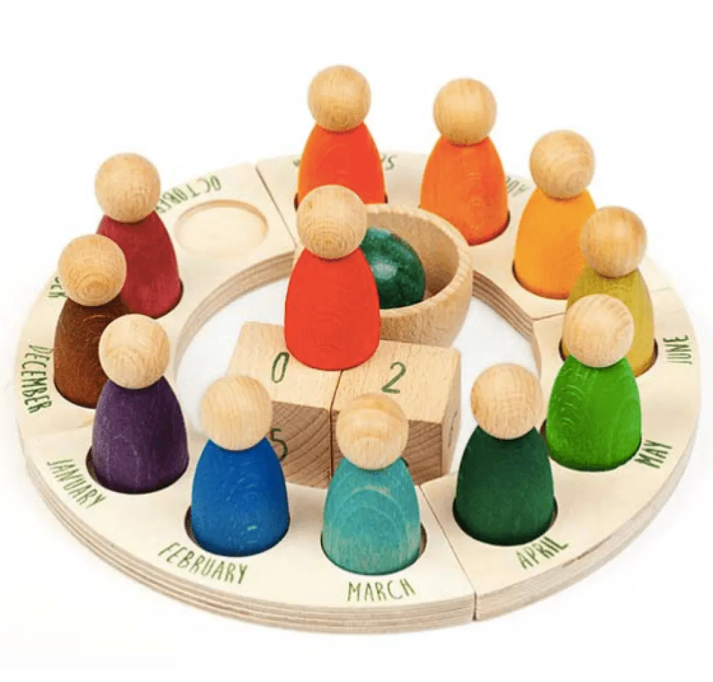 Wooden Rainbow Perpetual Calendar with Peg Figures